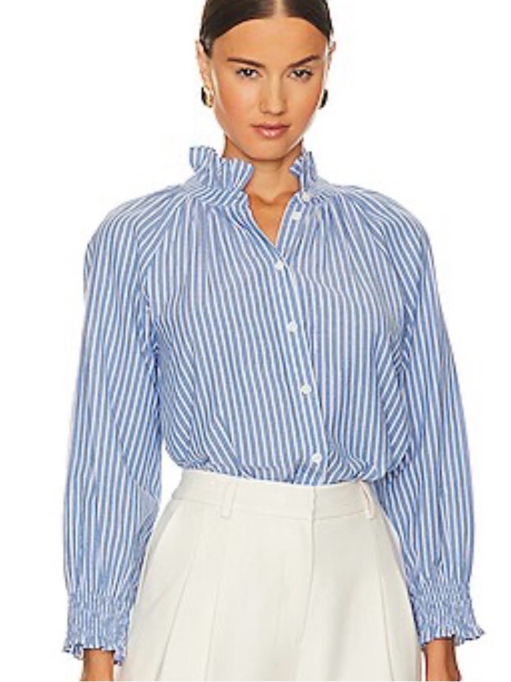 Veronica Beard Callista Blue and White Striped Ruffle Collar Button-Up Blouse - Picture 1 of 8